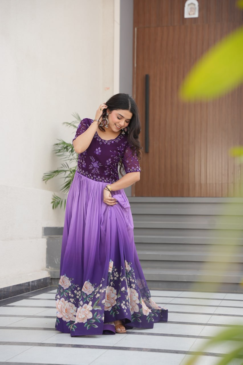 Floral Beaded Embroidered Faux Georgette Gown - ETHNICDEAL