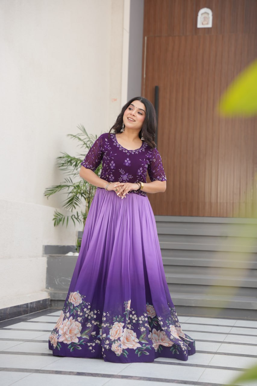Floral Beaded Embroidered Faux Georgette Gown - ETHNICDEAL