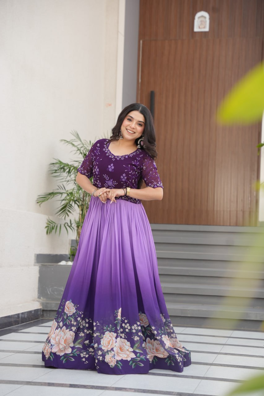 Floral Beaded Embroidered Faux Georgette Gown - ETHNICDEAL