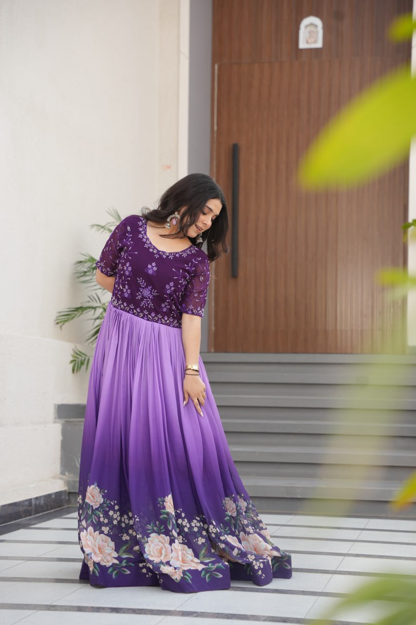 Floral Beaded Embroidered Faux Georgette Gown - ETHNICDEAL