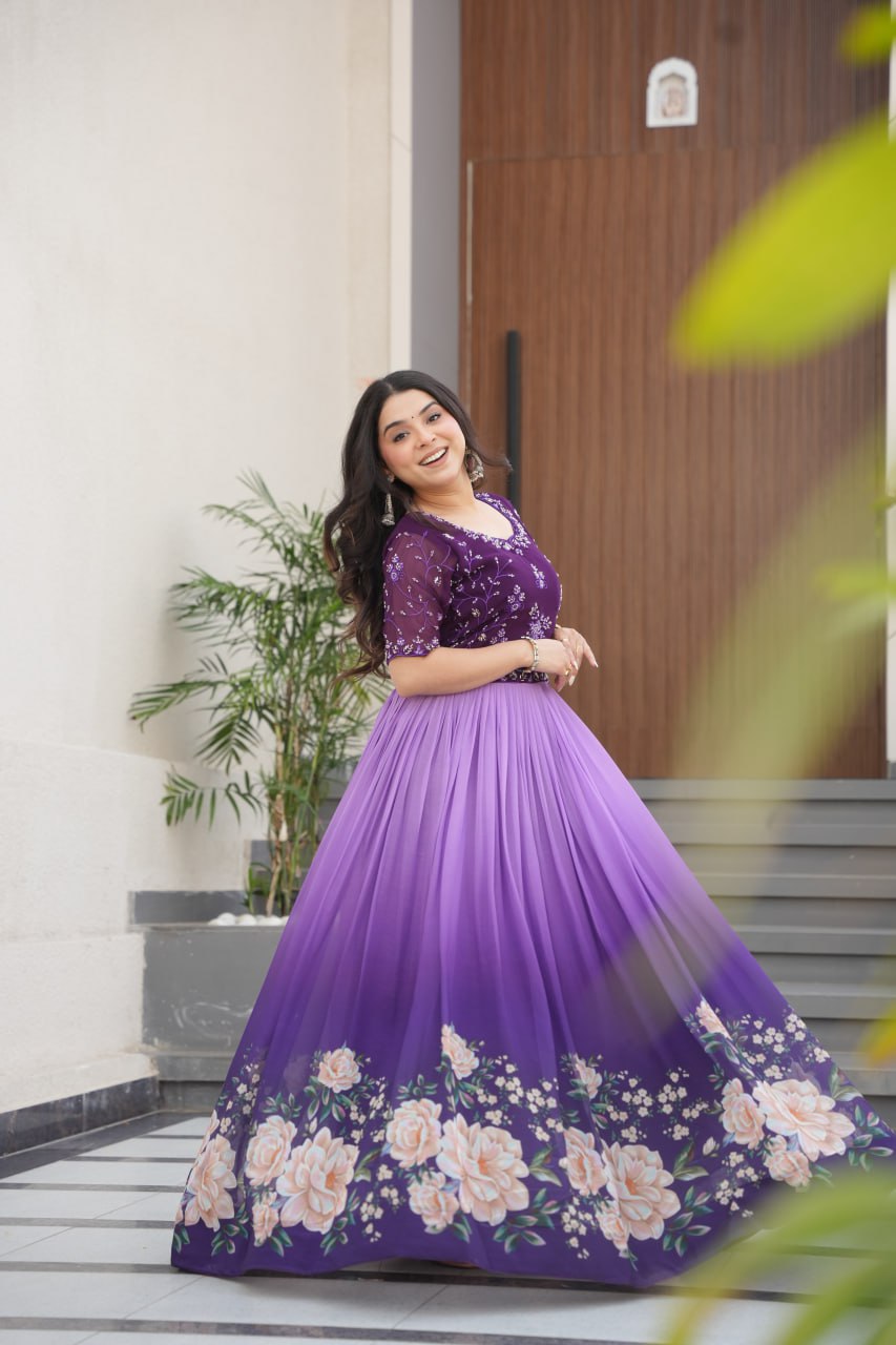 Floral Beaded Embroidered Faux Georgette Gown - ETHNICDEAL