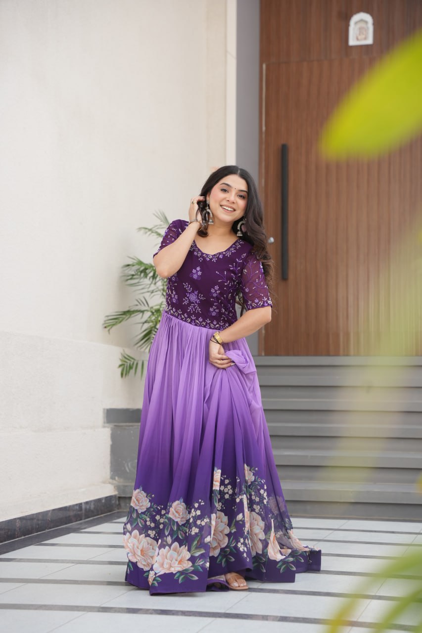 Floral Beaded Embroidered Faux Georgette Gown - ETHNICDEAL