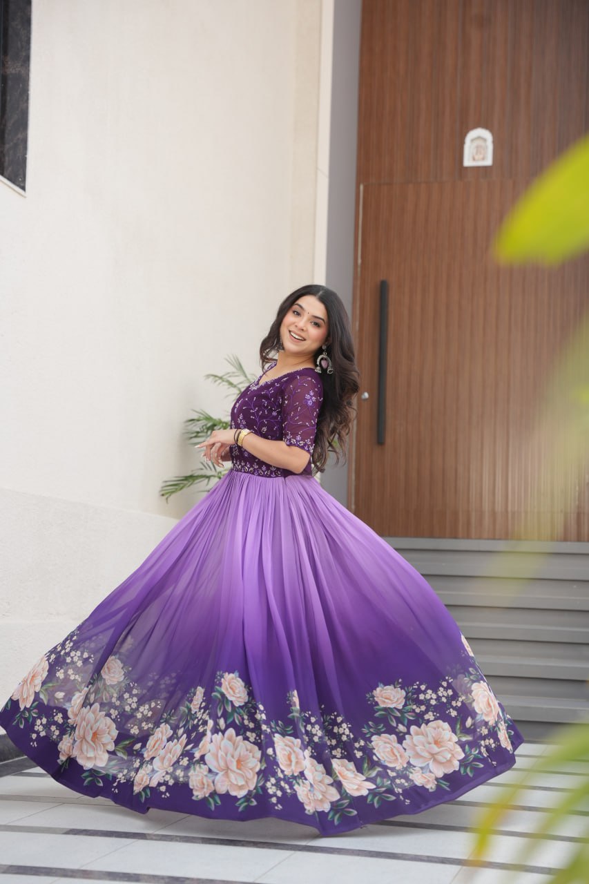 Floral Beaded Embroidered Faux Georgette Gown - ETHNICDEAL