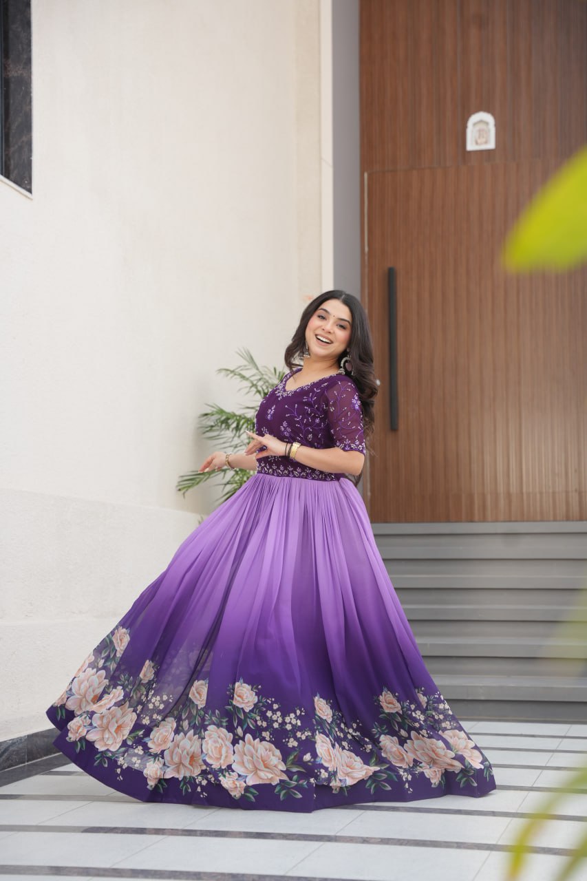 Floral Beaded Embroidered Faux Georgette Gown - ETHNICDEAL
