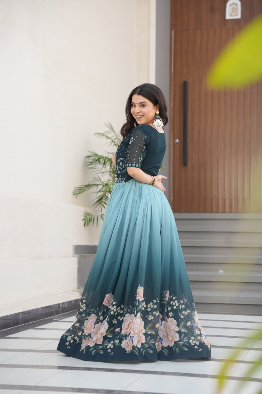 Floral Beaded Embroidered Faux Georgette Gown - ETHNICDEAL