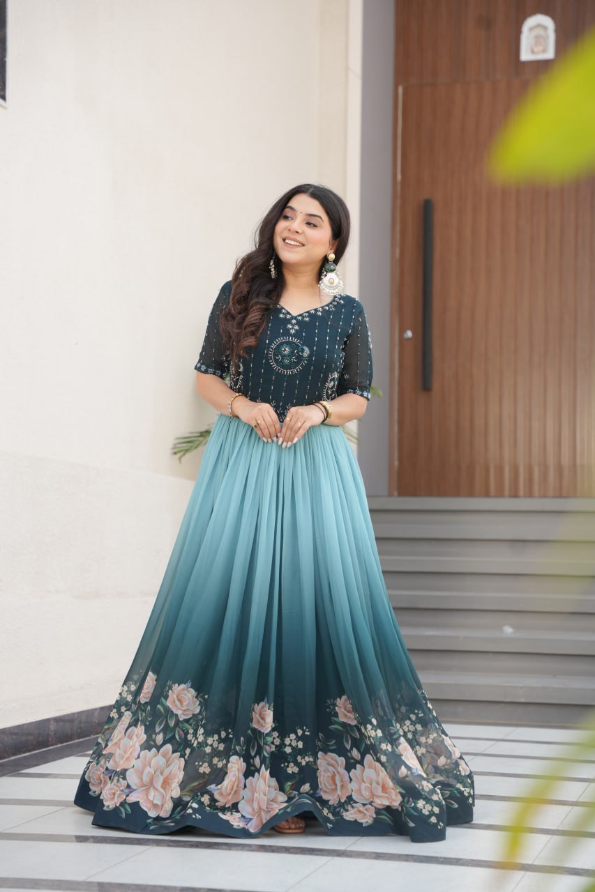 Floral Beaded Embroidered Faux Georgette Gown - ETHNICDEAL