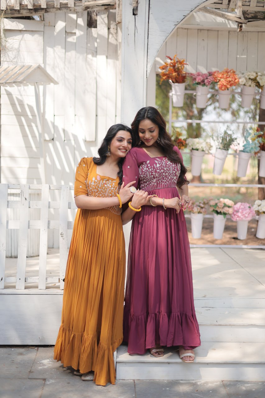 Glorious Faux Georgette Sequins Thread Worked Stitched Gown - Ethnicwish