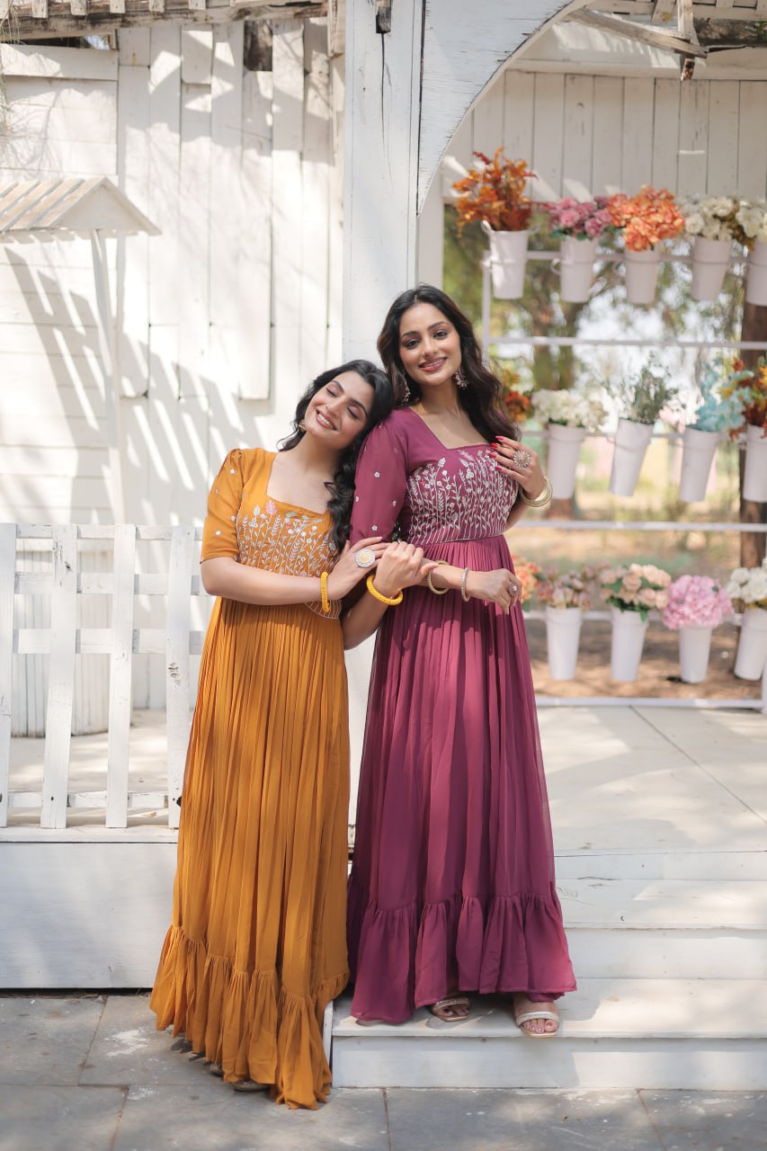 Glorious Faux Georgette Sequins Thread Worked Stitched Gown - Ethnicwish