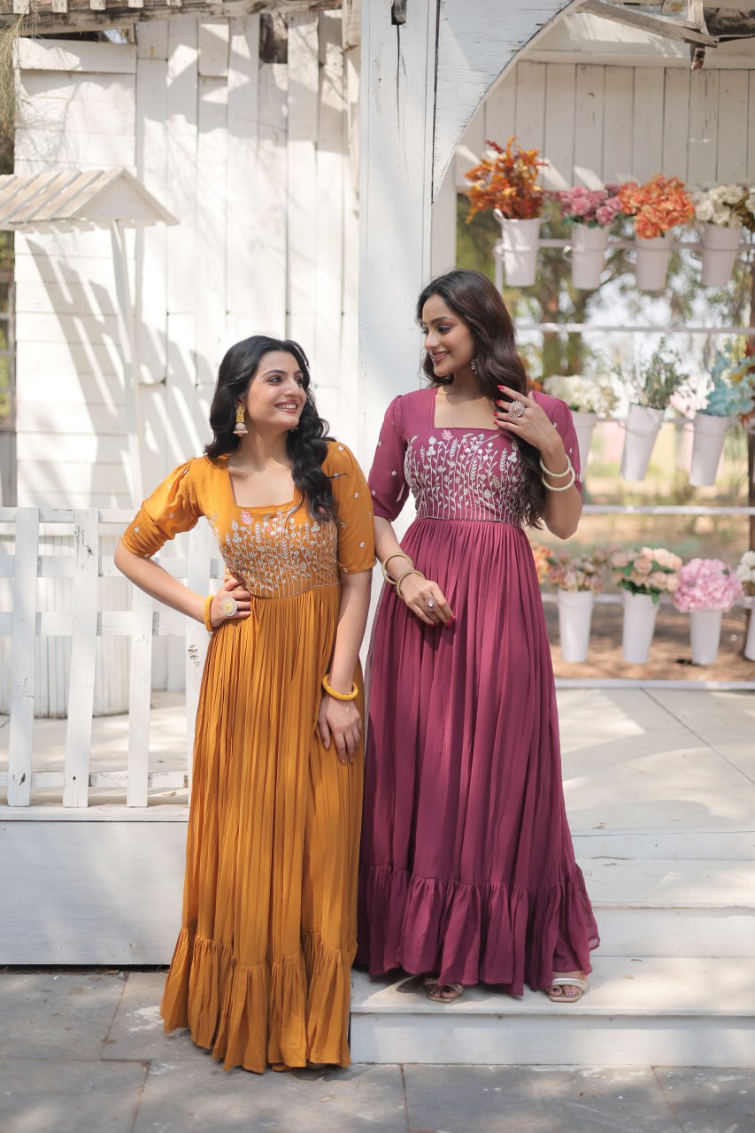 Glorious Faux Georgette Sequins Thread Worked Stitched Gown - Ethnicwish