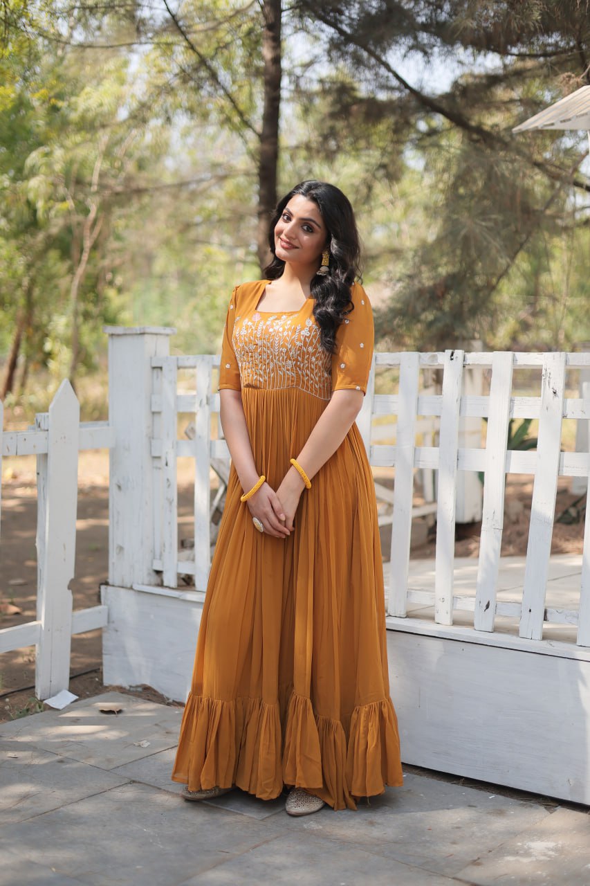 Glorious Faux Georgette Sequins Thread Worked Stitched Gown - Ethnicwish