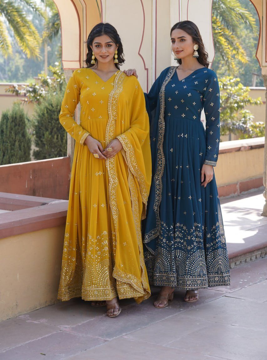 Gorgeous Faux Georgette Zari Sequins Worked Festive Wear Gown - Ethnicwish