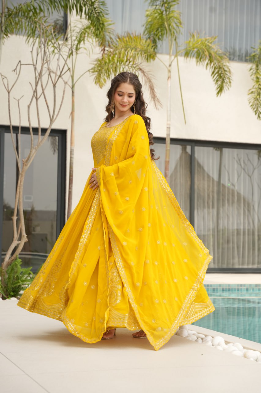 Lovely Faux Georgette Zari Sequins Embroidered Gown With Dupatta - ETHNICDEAL