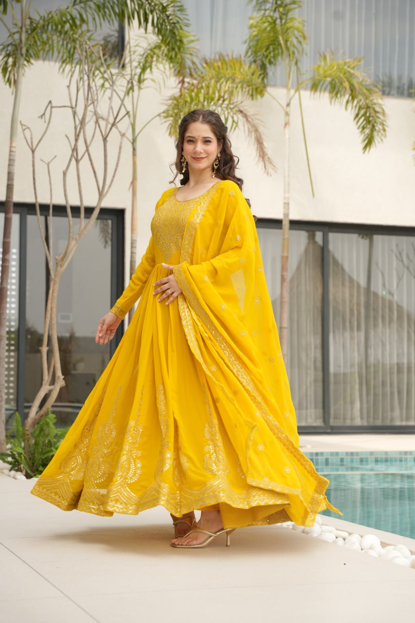 Lovely Faux Georgette Zari Sequins Embroidered Gown With Dupatta - ETHNICDEAL