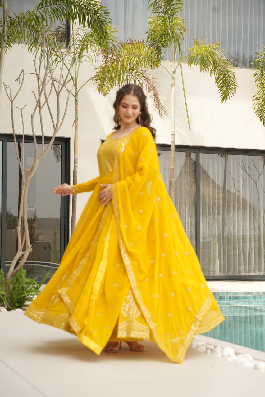Lovely Faux Georgette Zari Sequins Embroidered Gown With Dupatta - ETHNICDEAL