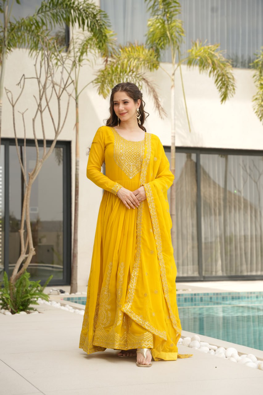 Lovely Faux Georgette Zari Sequins Embroidered Gown With Dupatta - ETHNICDEAL