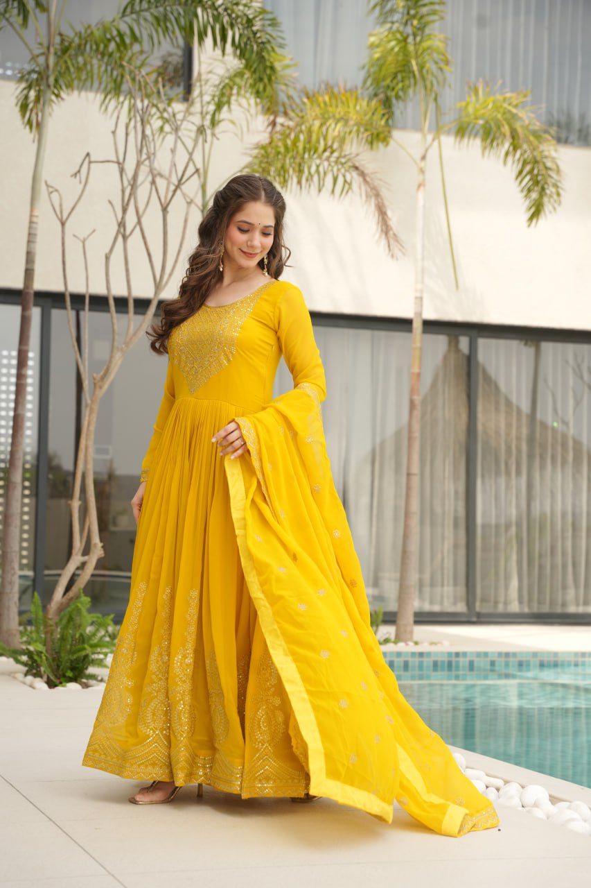 Lovely Faux Georgette Zari Sequins Embroidered Gown With Dupatta - ETHNICDEAL
