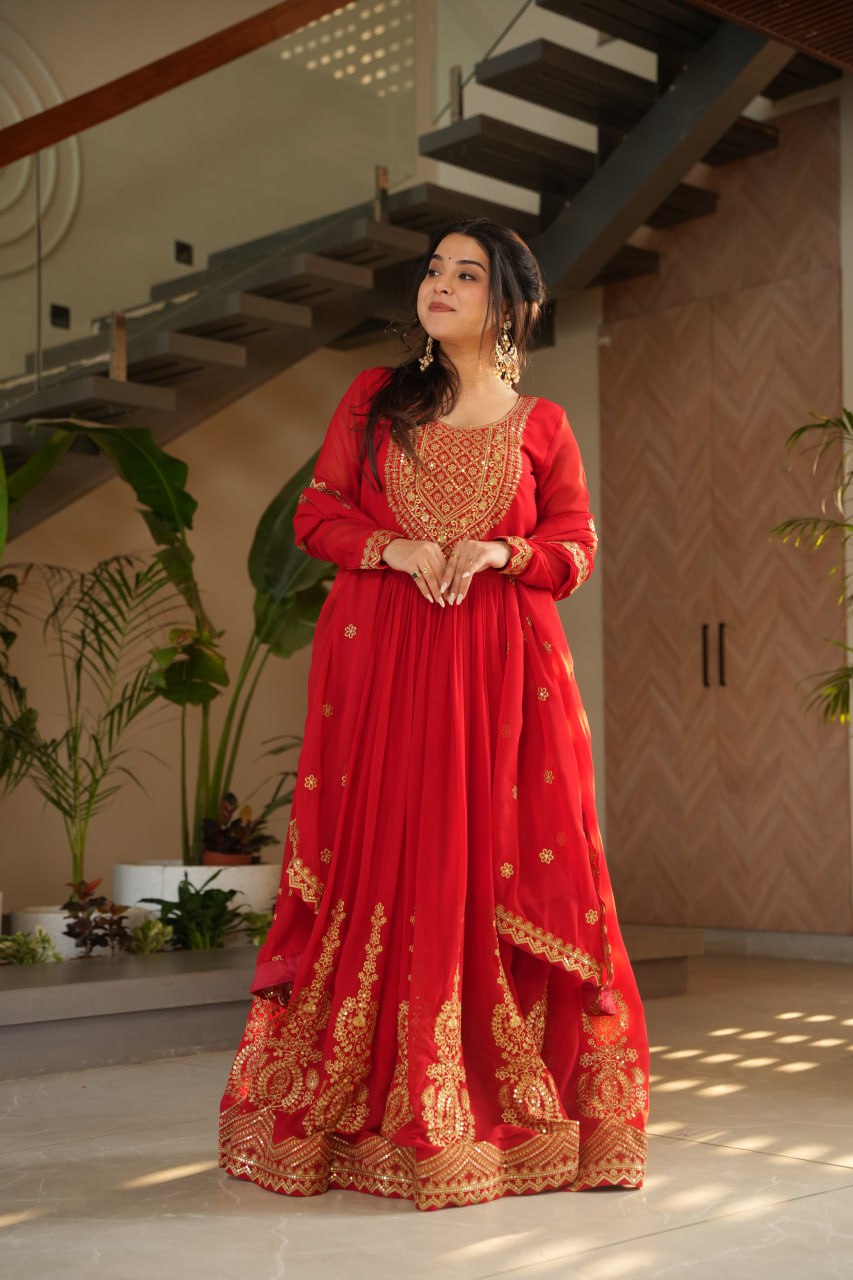 Lovely Faux Georgette Zari Sequins Embroidered Gown With Dupatta - ETHNICDEAL