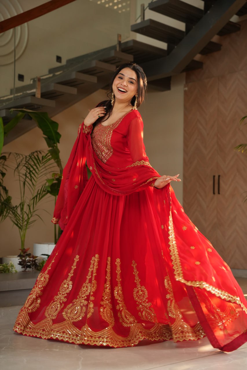 Lovely Faux Georgette Zari Sequins Embroidered Gown With Dupatta - ETHNICDEAL