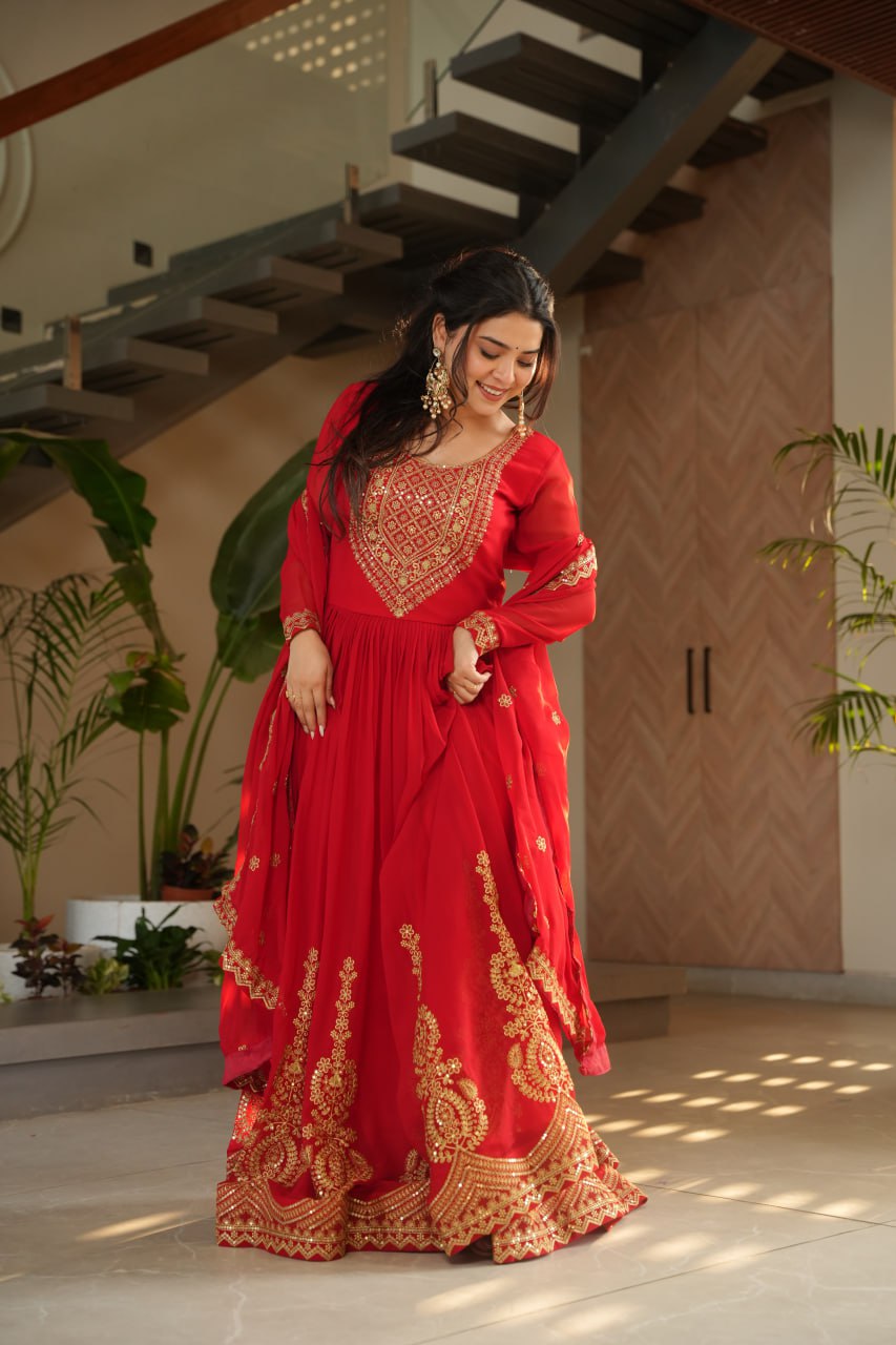Lovely Faux Georgette Zari Sequins Embroidered Gown With Dupatta - ETHNICDEAL