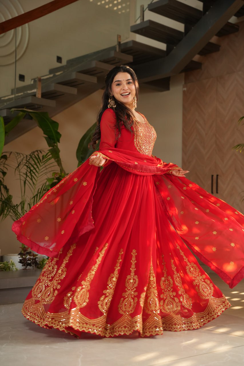 Lovely Faux Georgette Zari Sequins Embroidered Gown With Dupatta - ETHNICDEAL