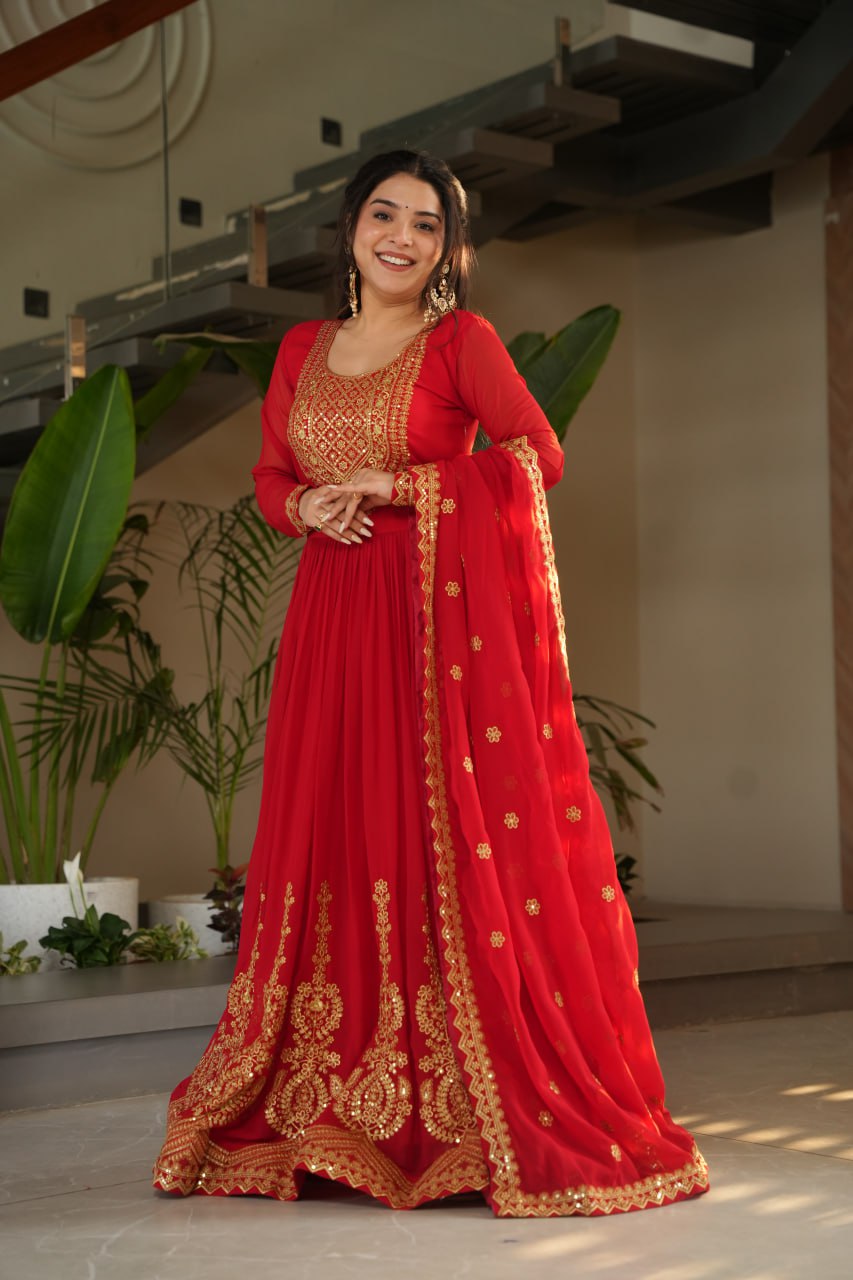 Lovely Faux Georgette Zari Sequins Embroidered Gown With Dupatta - ETHNICDEAL