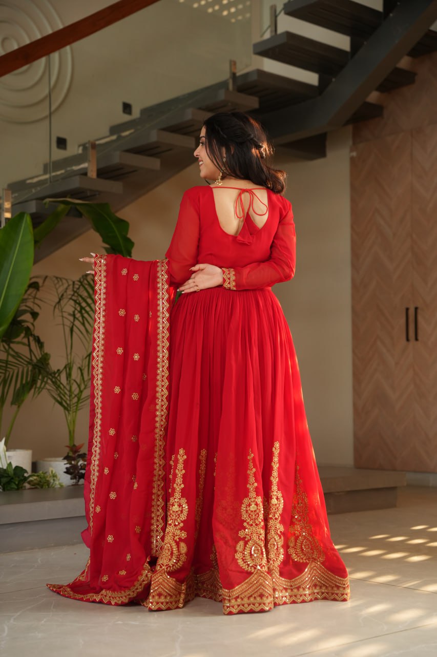 Lovely Faux Georgette Zari Sequins Embroidered Gown With Dupatta - ETHNICDEAL