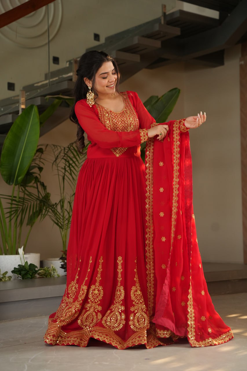 Lovely Faux Georgette Zari Sequins Embroidered Gown With Dupatta - ETHNICDEAL