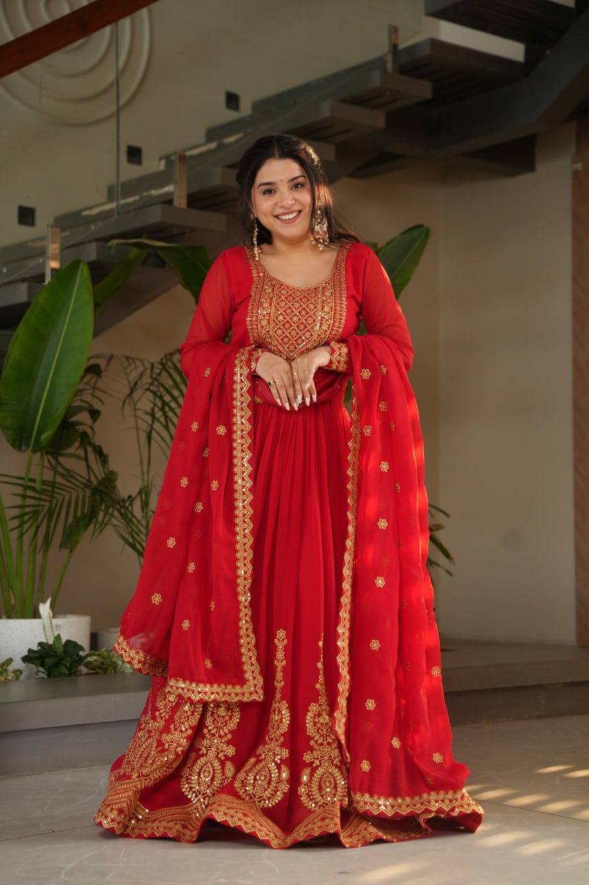 Lovely Faux Georgette Zari Sequins Embroidered Gown With Dupatta - ETHNICDEAL