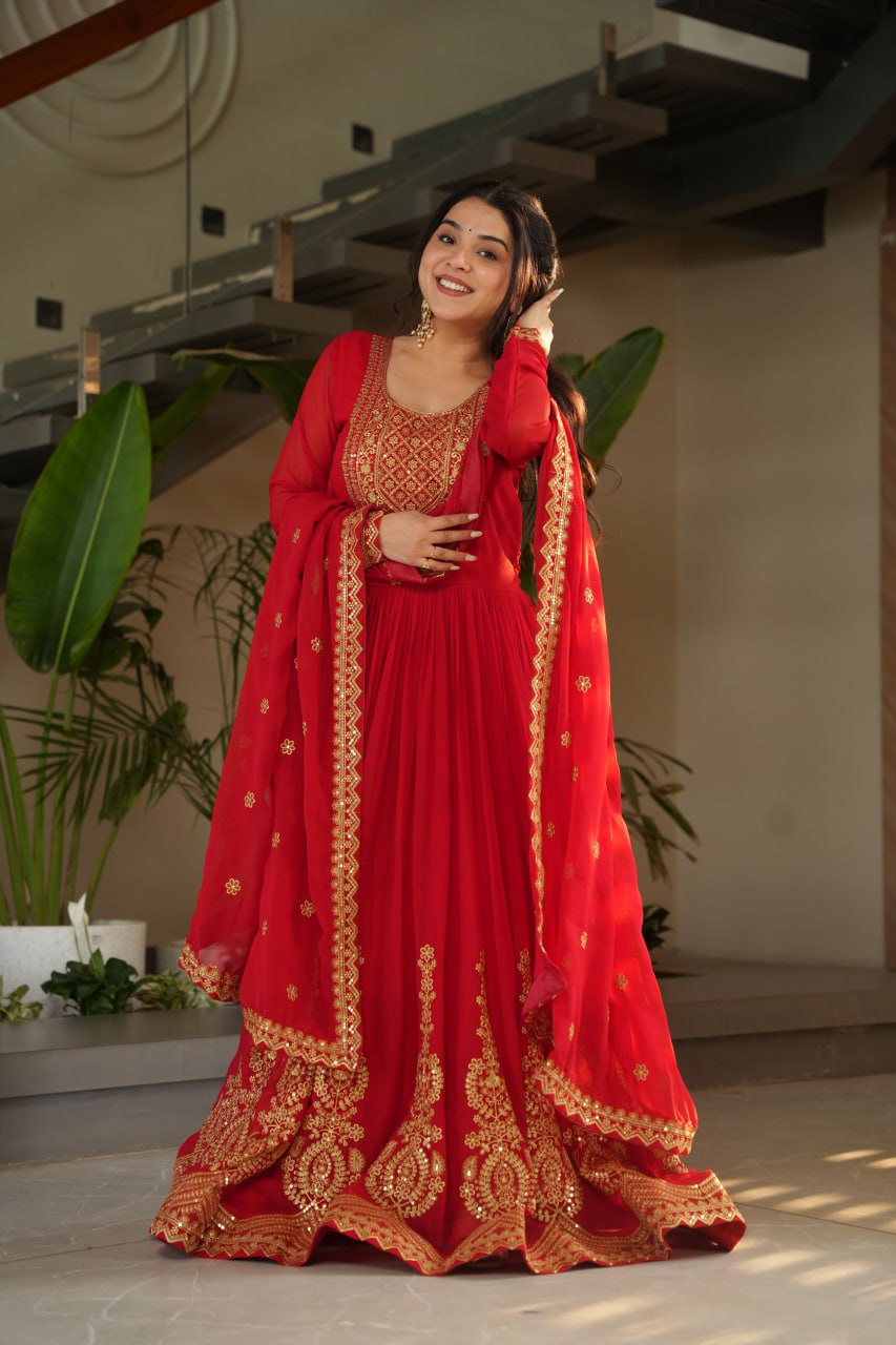 Lovely Faux Georgette Zari Sequins Embroidered Gown With Dupatta - ETHNICDEAL