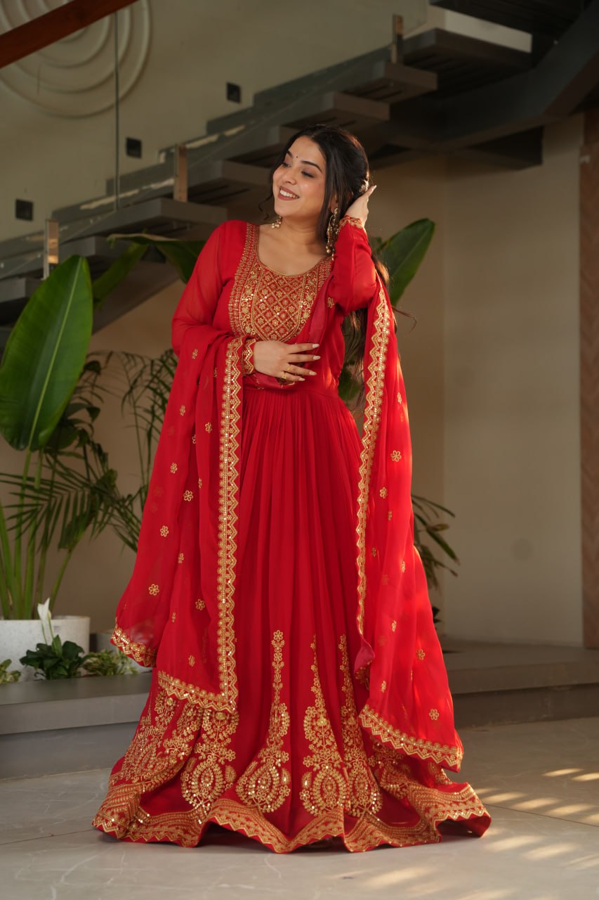 Lovely Faux Georgette Zari Sequins Embroidered Gown With Dupatta - ETHNICDEAL