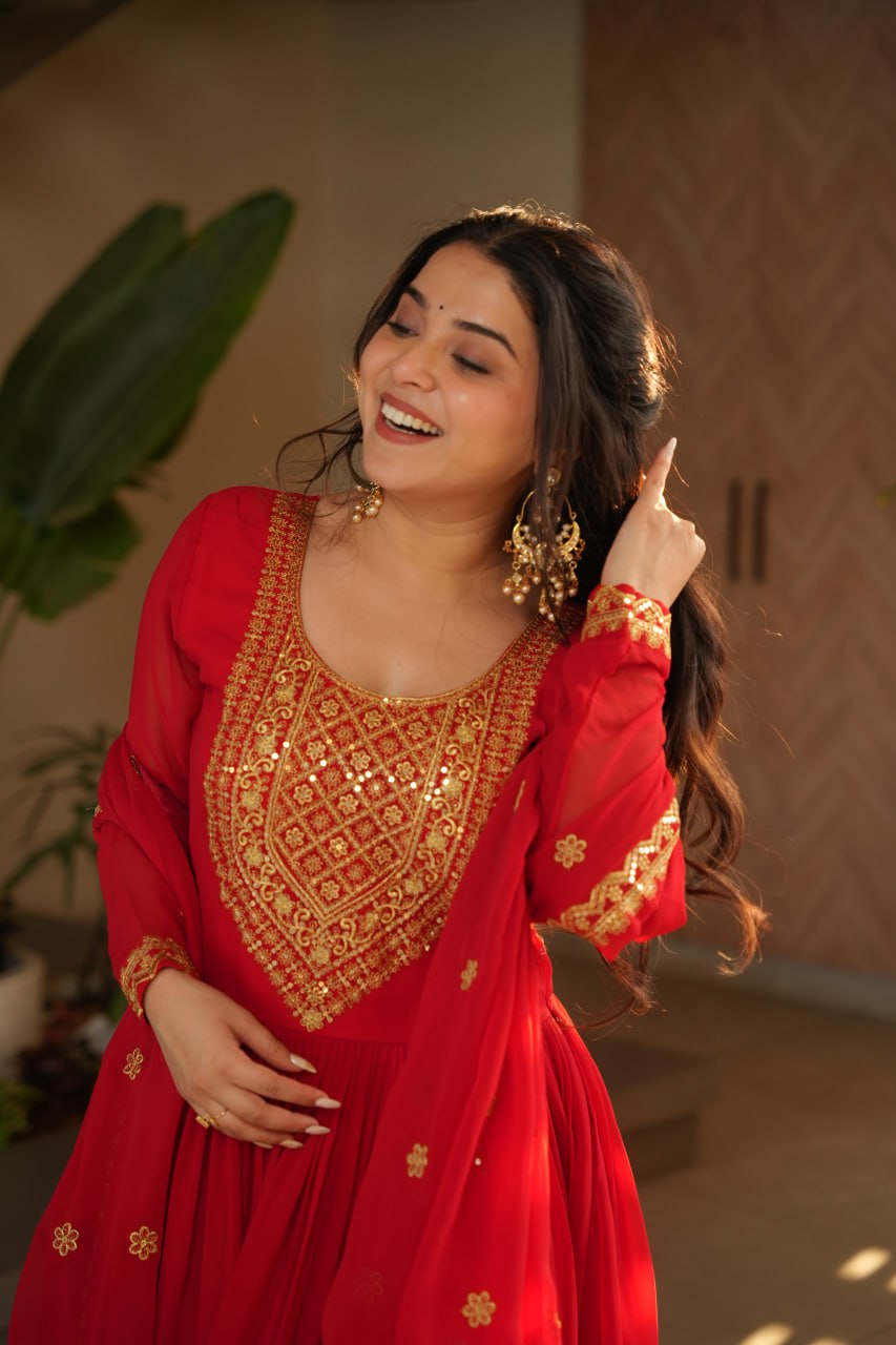 Lovely Faux Georgette Zari Sequins Embroidered Gown With Dupatta - ETHNICDEAL