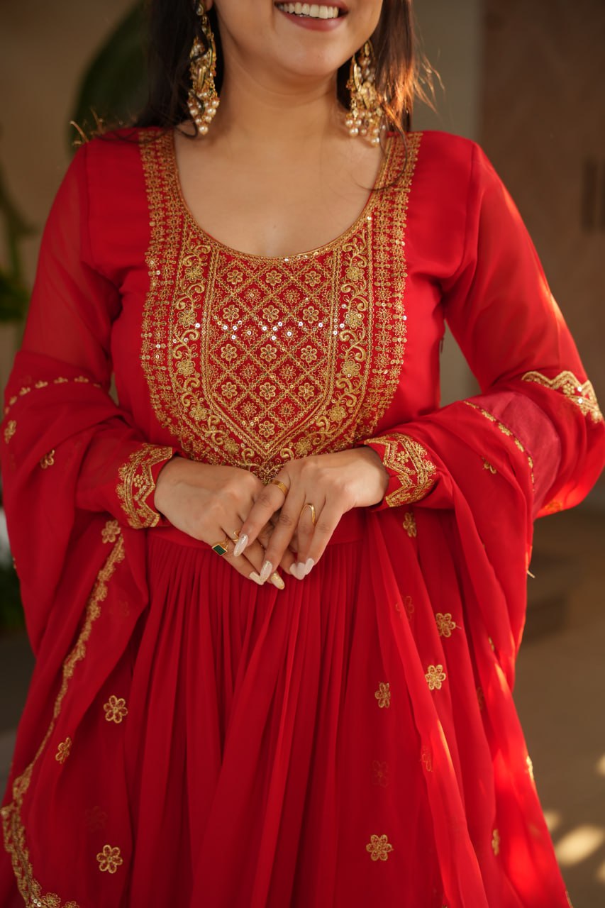 Lovely Faux Georgette Zari Sequins Embroidered Gown With Dupatta - ETHNICDEAL