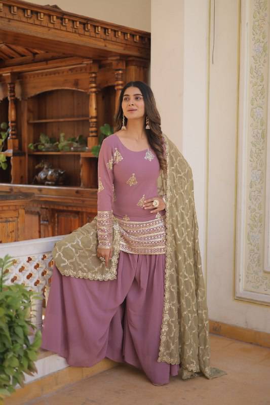Dazzling Faux Georgette Sequins Embroidered Top Palazzo Suit - Ethnicwish