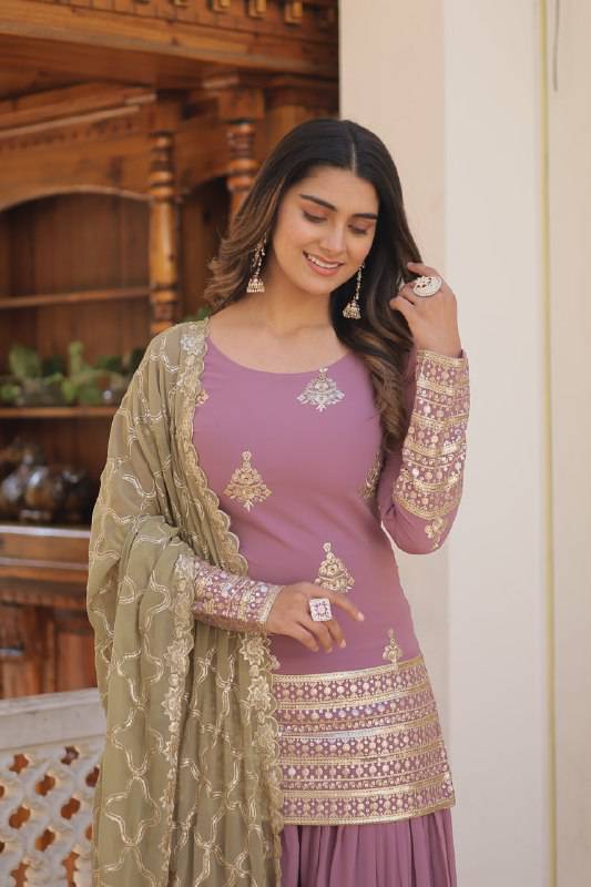 Dazzling Faux Georgette Sequins Embroidered Top Palazzo Suit - Ethnicwish