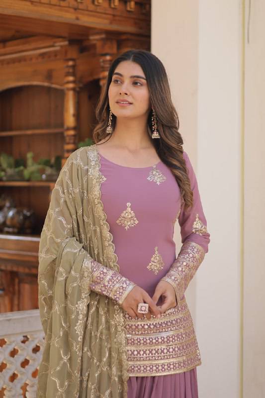 Dazzling Faux Georgette Sequins Embroidered Top Palazzo Suit - Ethnicwish