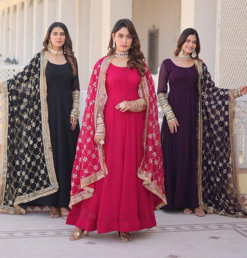 Intriguing Faux Georgette Sequins Embroidered Gown With Dupatta - Ethnicwish