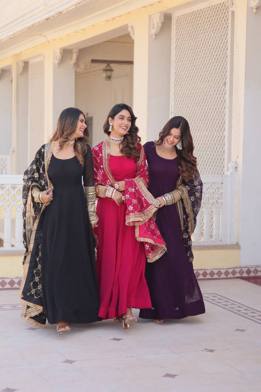 Intriguing Faux Georgette Sequins Embroidered Gown With Dupatta - Ethnicwish