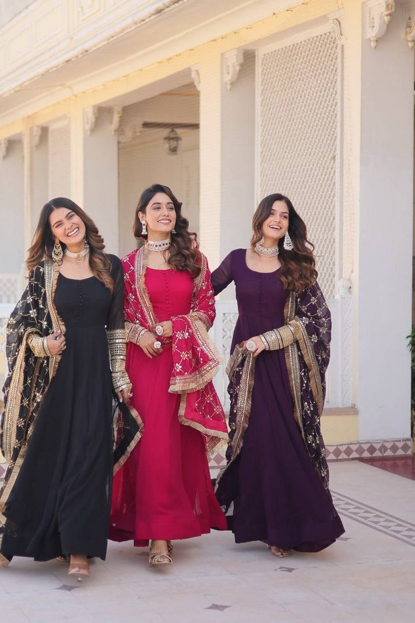 Intriguing Faux Georgette Sequins Embroidered Gown With Dupatta - Ethnicwish