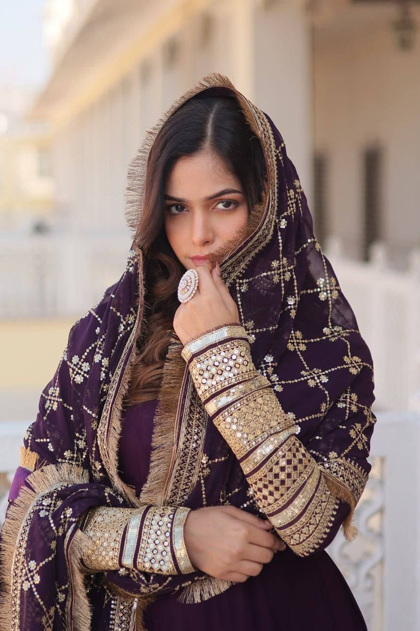 Intriguing Faux Georgette Sequins Embroidered Gown With Dupatta - Ethnicwish