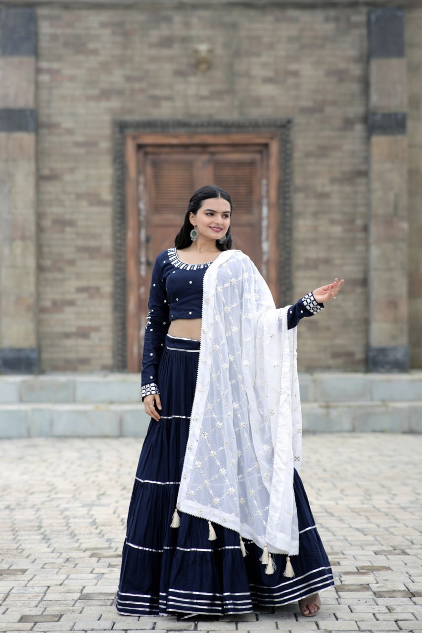 Fascinating Blue Foil Mirror Gota Patti Worked Navratri Lehenga Choli - Ethnicwish