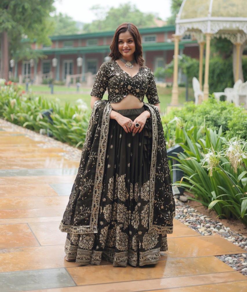 Luminous Mehendi Green Sequins Embroidered Designer Lehenga Choli - Ethnicwish