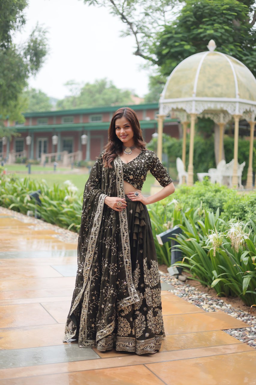 Luminous Mehendi Green Sequins Embroidered Designer Lehenga Choli - Ethnicwish