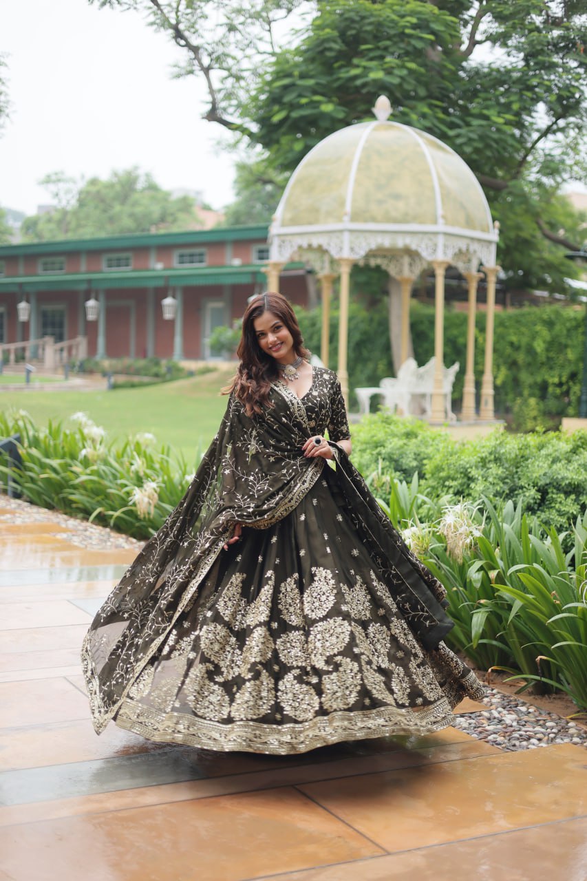 Luminous Mehendi Green Sequins Embroidered Designer Lehenga Choli - Ethnicwish