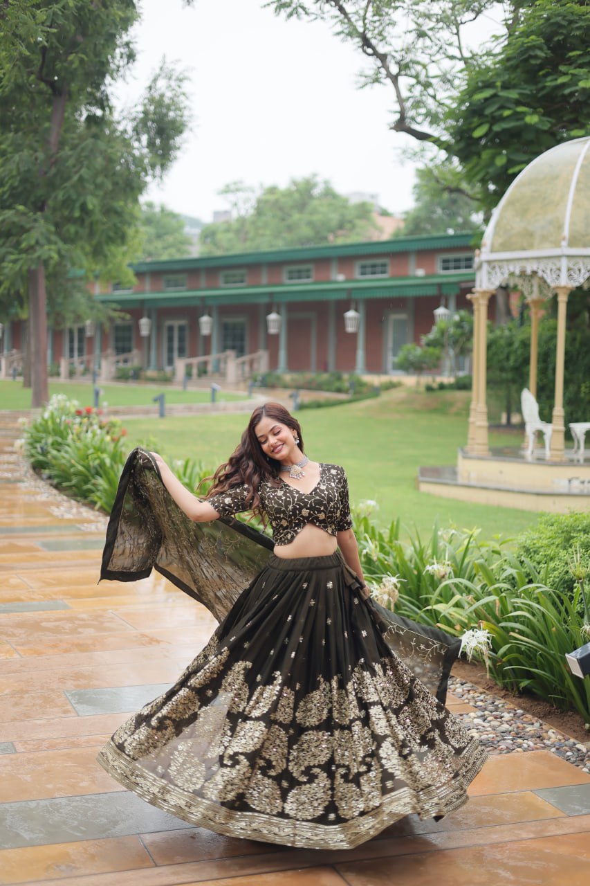Luminous Mehendi Green Sequins Embroidered Designer Lehenga Choli - Ethnicwish
