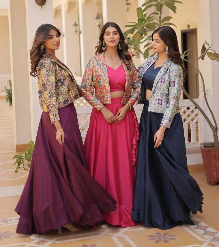 Stylish Chinon Fully Stitched Designer Lehenga Choli Koti Set - Ethnicwish