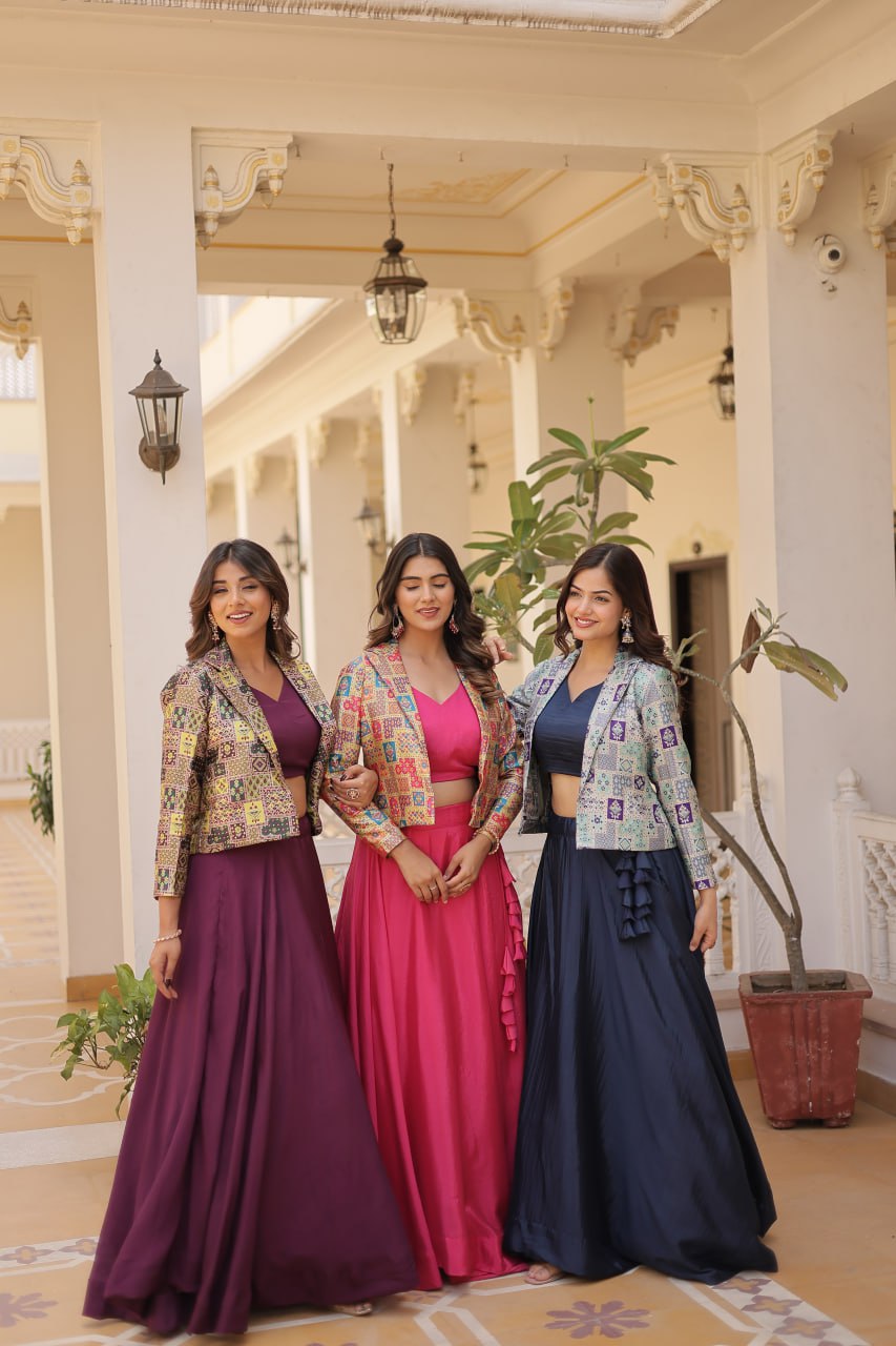 Stylish Chinon Fully Stitched Designer Lehenga Choli Koti Set - Ethnicwish