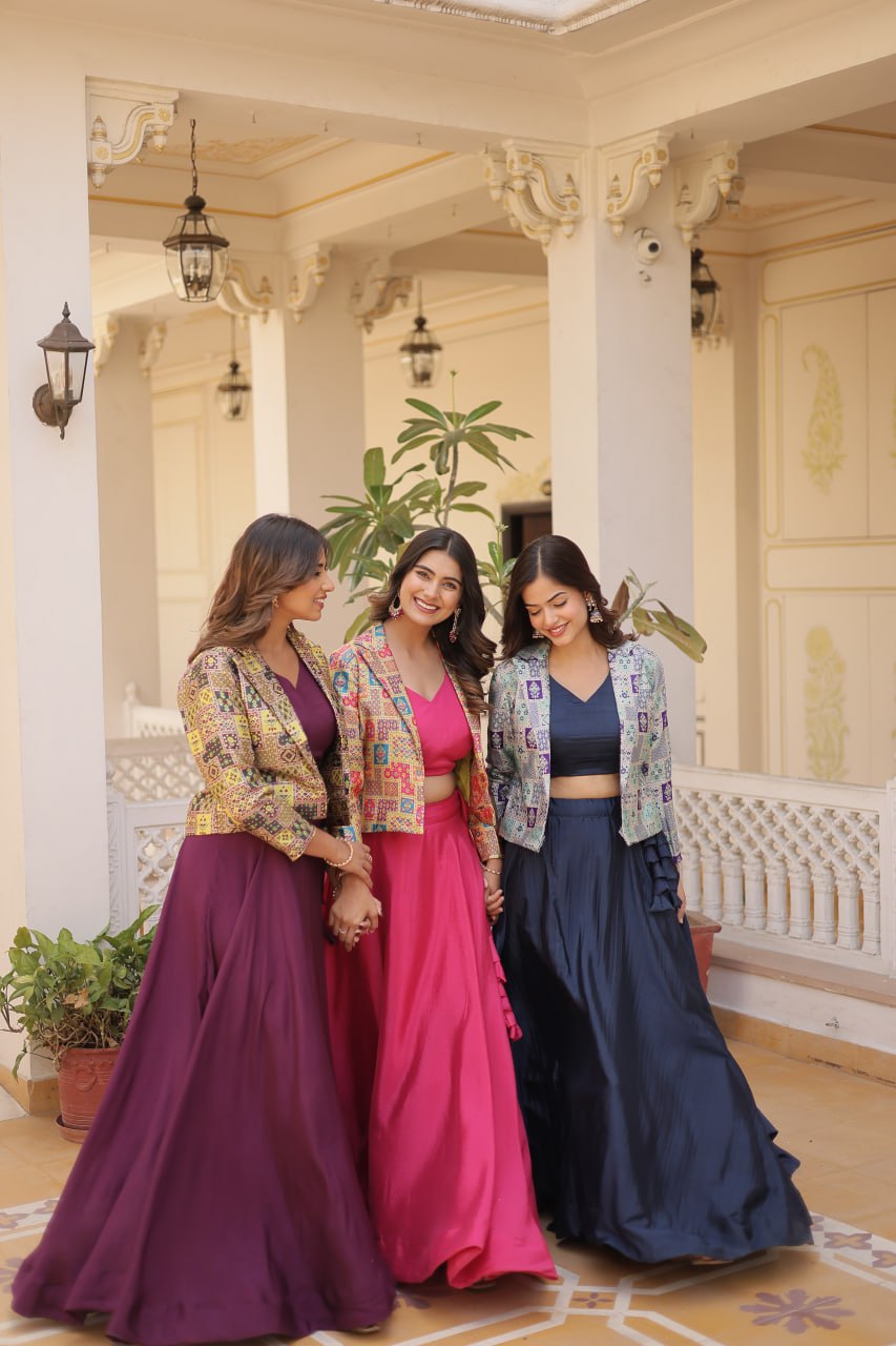 Stylish Chinon Fully Stitched Designer Lehenga Choli Koti Set - Ethnicwish