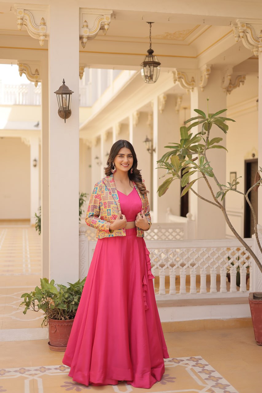 Stylish Chinon Fully Stitched Designer Lehenga Choli Koti Set - Ethnicwish
