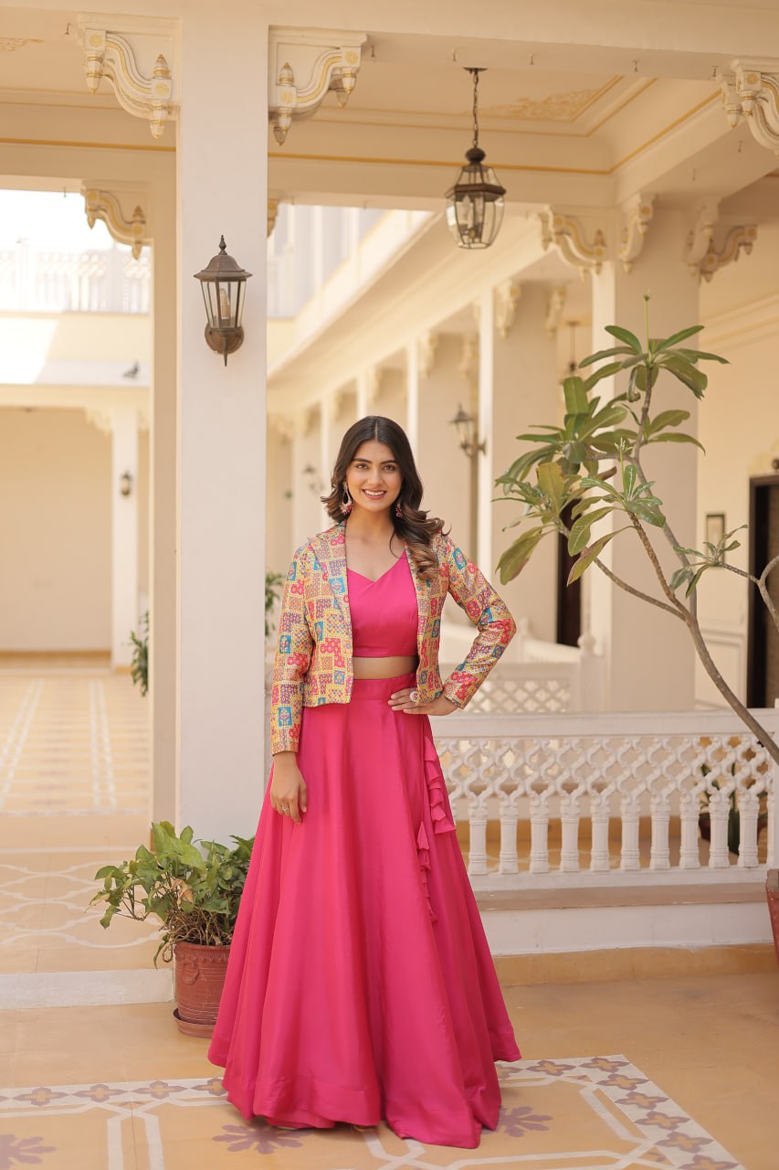 Stylish Chinon Fully Stitched Designer Lehenga Choli Koti Set - Ethnicwish