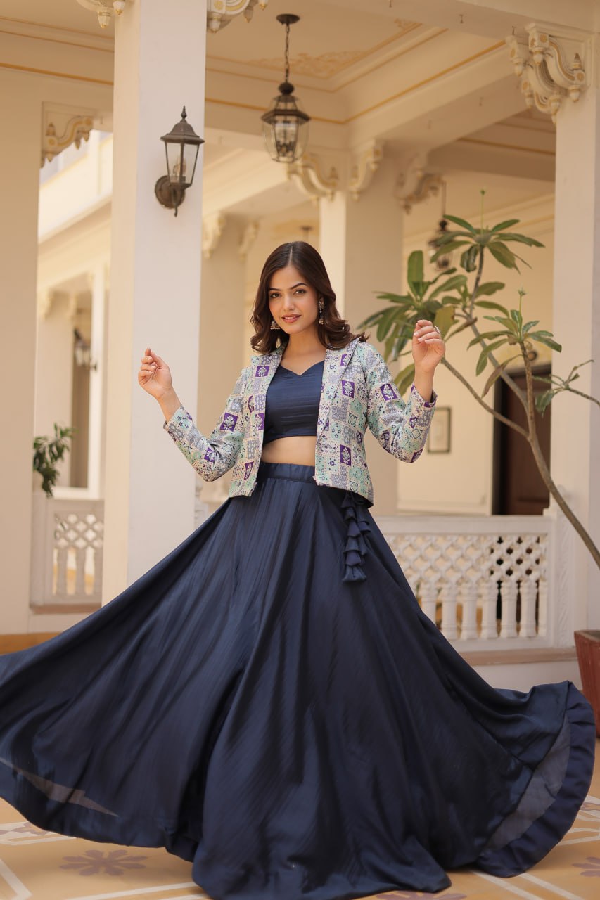 Stylish Chinon Fully Stitched Designer Lehenga Choli Koti Set - Ethnicwish
